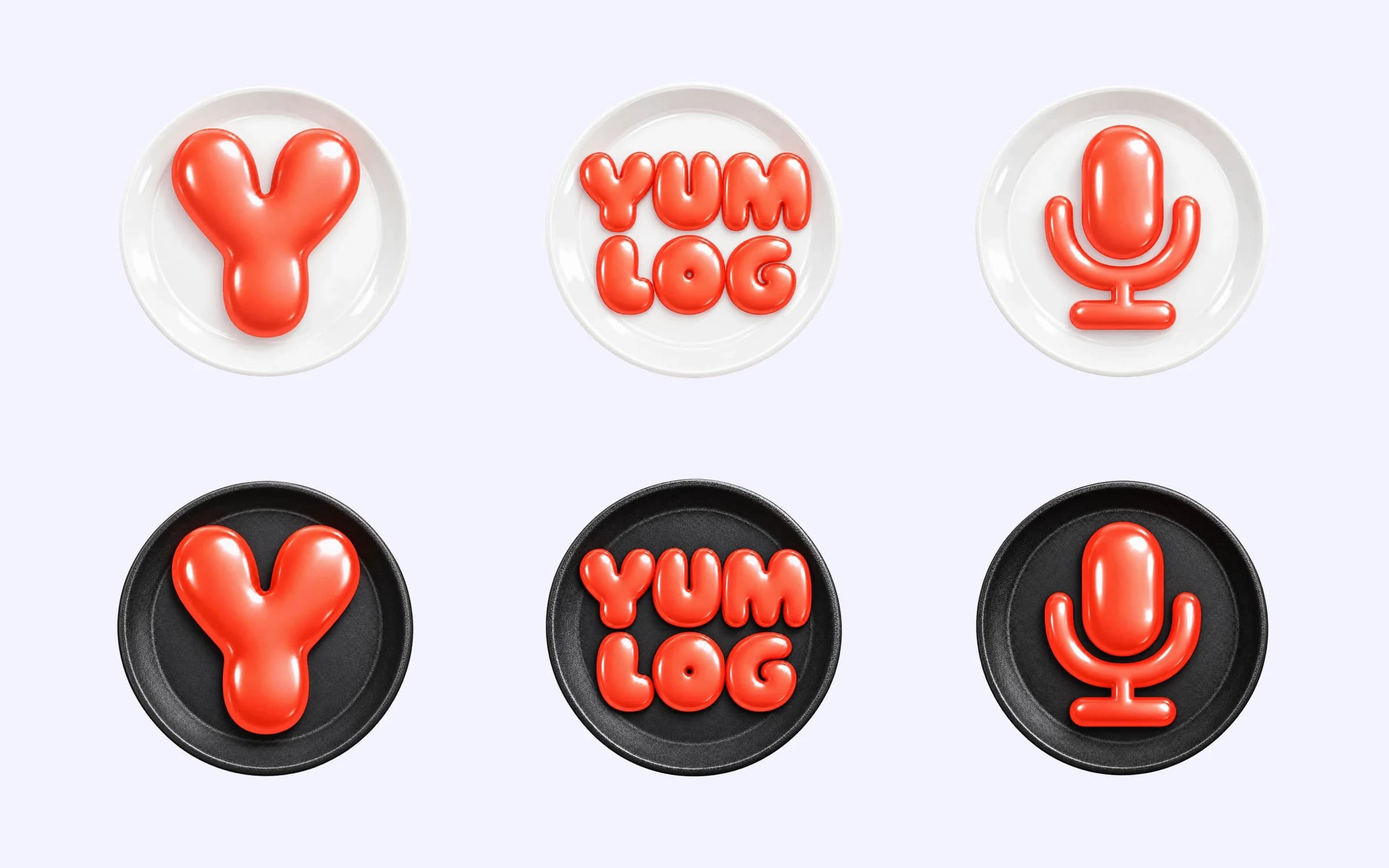 The Y, the YUM LOG wordmark and a microphone in glossy coral, on white porcelain plates and on black cast-iron plates.
