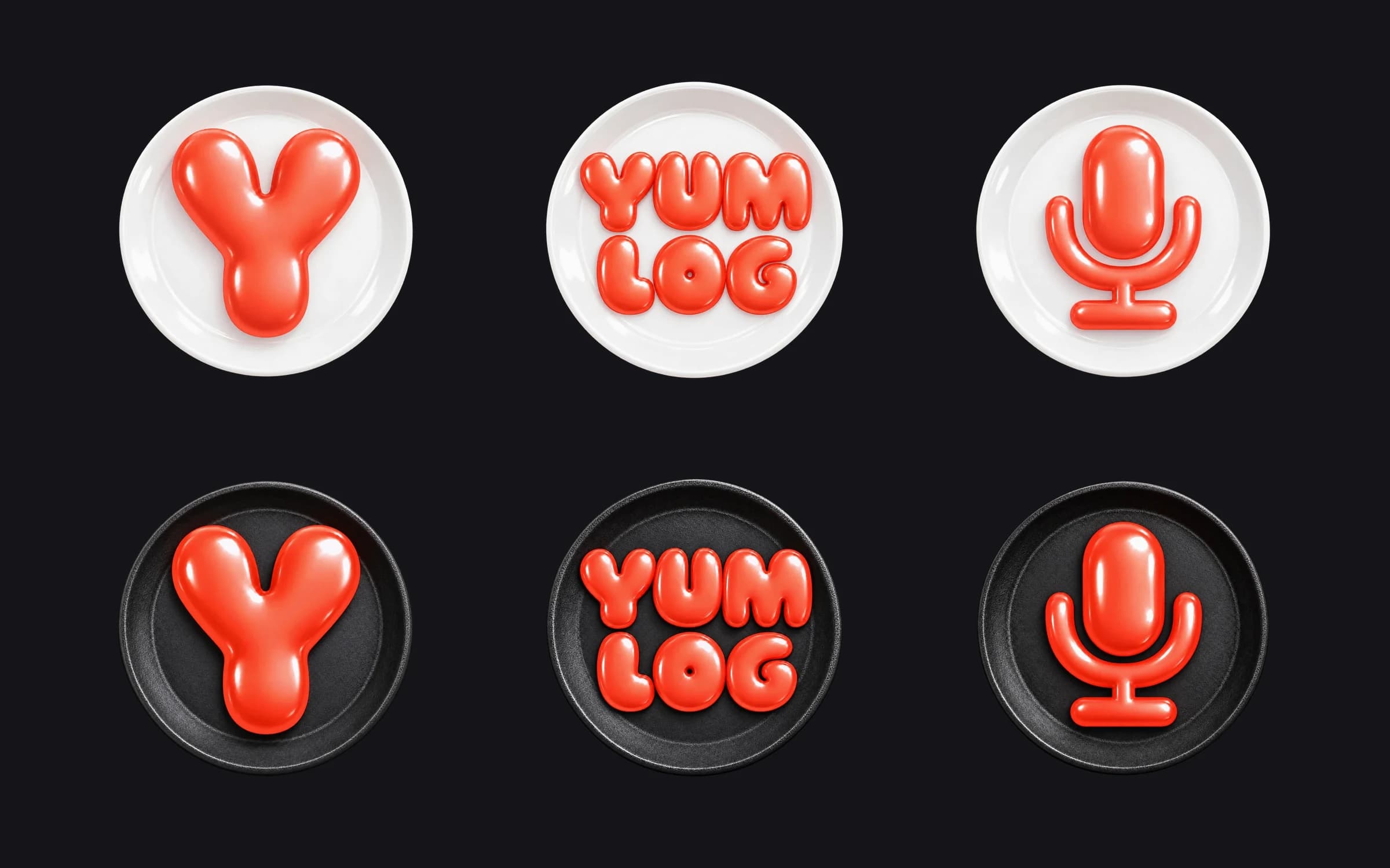 The Y, the YUM LOG wordmark and a microphone in glossy coral, on white porcelain plates and on black cast-iron plates.