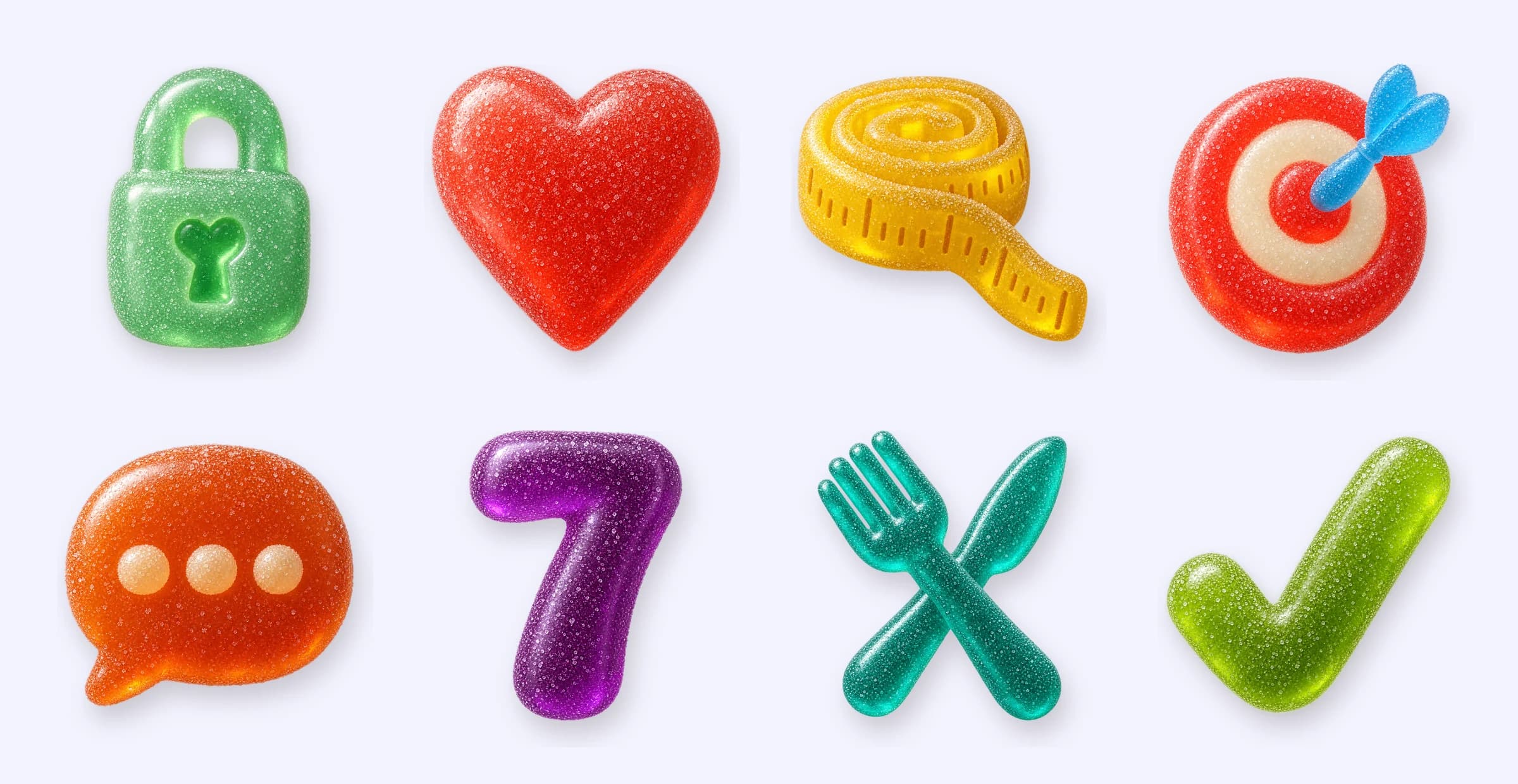 Eight sugared gummy marks: a padlock, a heart, a tape measure, a target, a speech bubble, a 7, a fork and knife, and a checkmark.