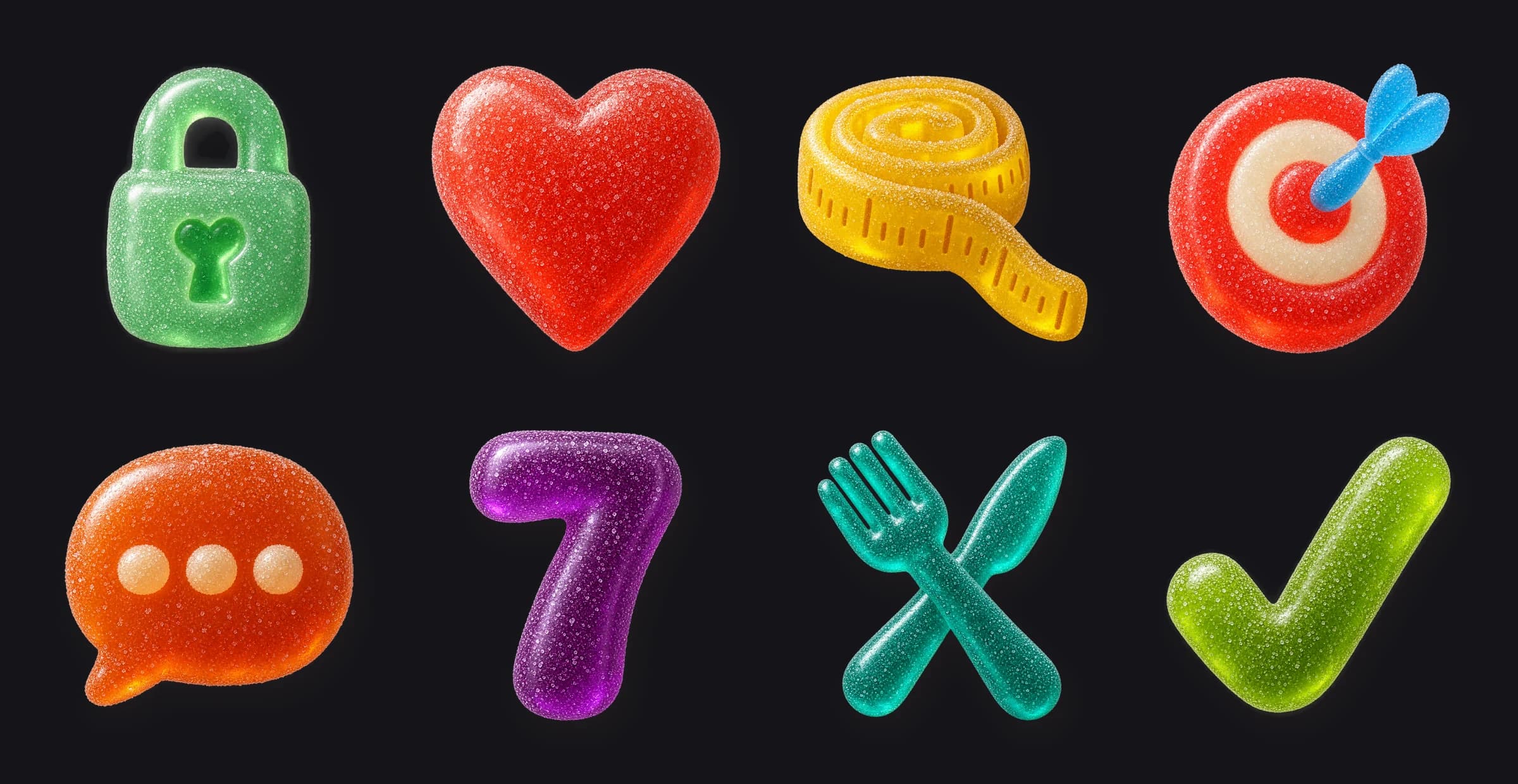 Eight sugared gummy marks: a padlock, a heart, a tape measure, a target, a speech bubble, a 7, a fork and knife, and a checkmark.