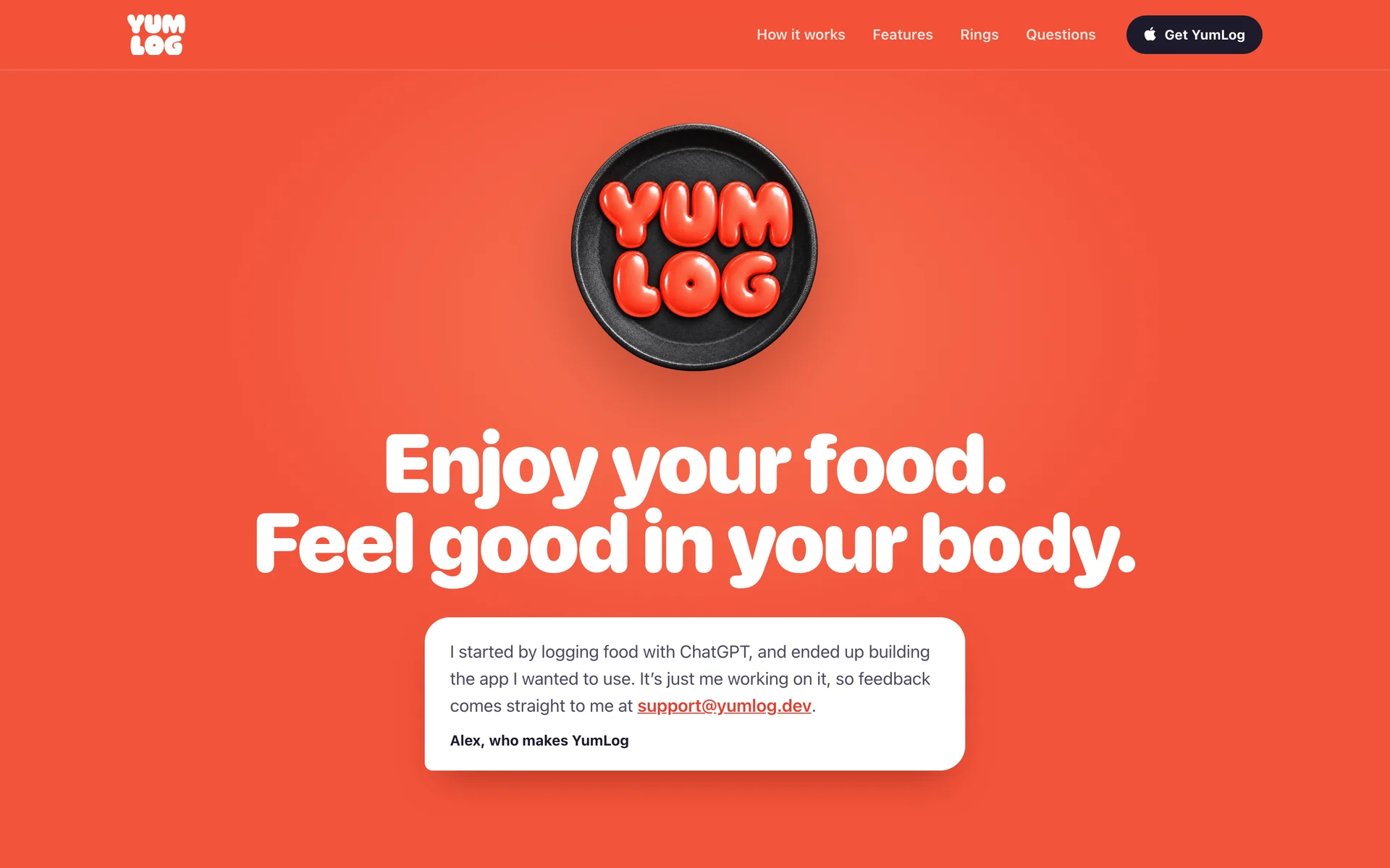 The end of yumlog.dev: the YumLog plate, “Enjoy your food. Feel good in your body.” and a note from Alex.