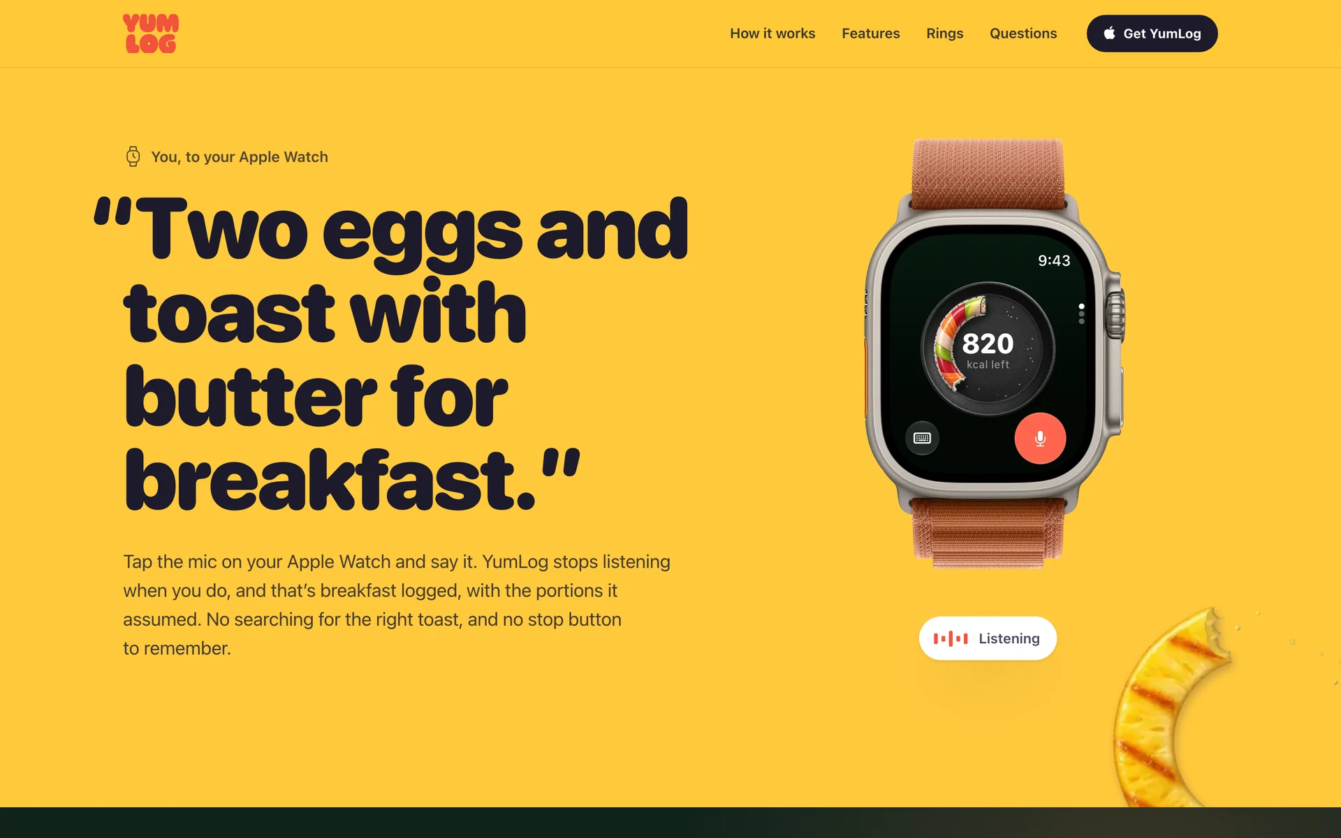 A section of yumlog.dev on yellow: “Two eggs and toast with butter for breakfast.” beside an Apple Watch.
