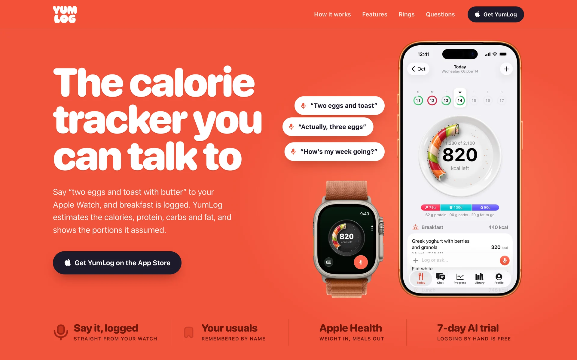 The yumlog.dev home page: “The calorie tracker you can talk to” on coral, with an Apple Watch, an iPhone and three speech bubbles.