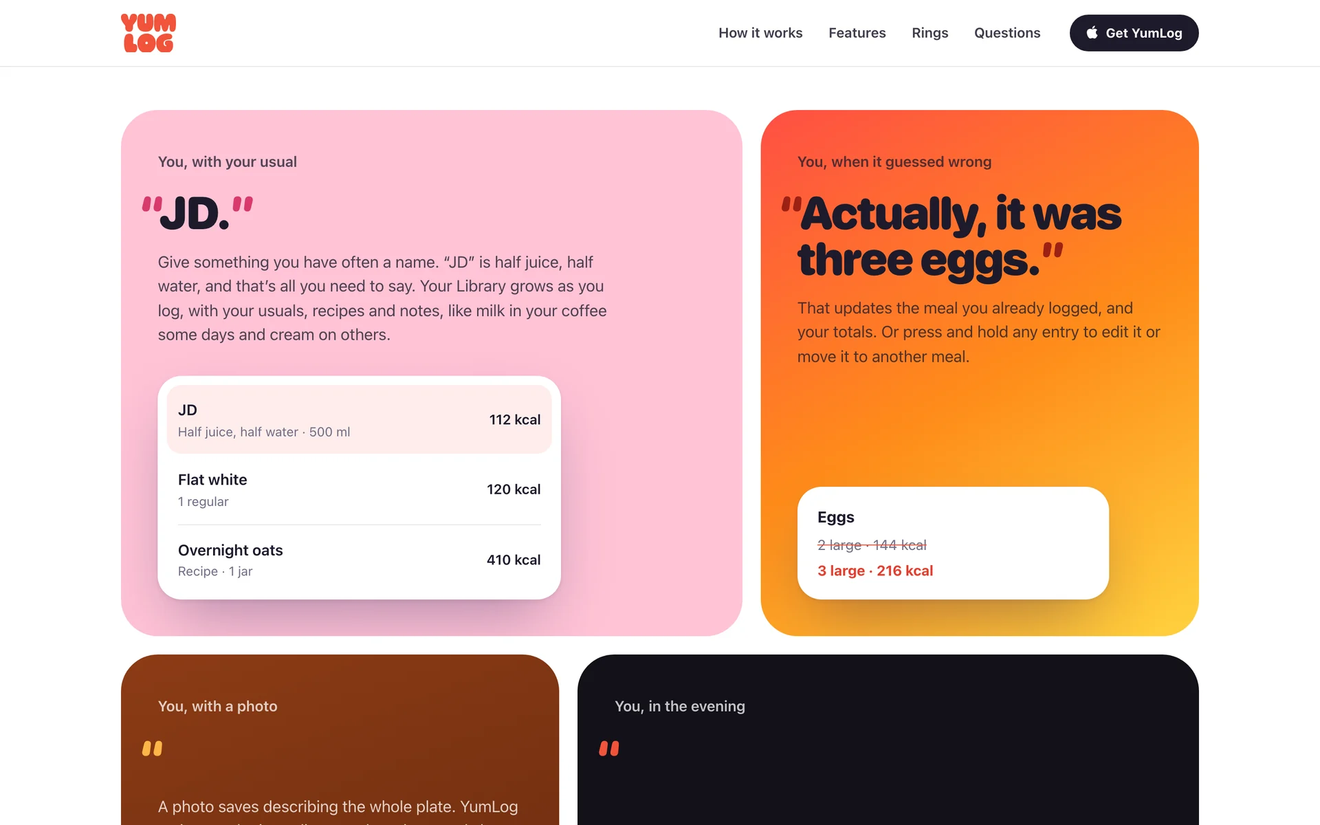 Cards on yumlog.dev: “JD.” with the Library, and “Actually, it was three eggs.” with the corrected entry.