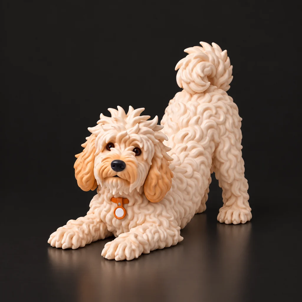 Pushok figurine in a play bow with chest low and tail up, three-quarter front view