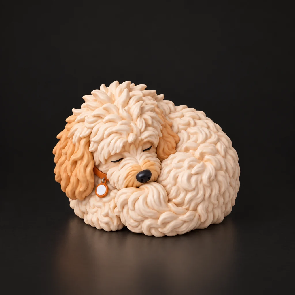 Pushok figurine curled up asleep, three-quarter view