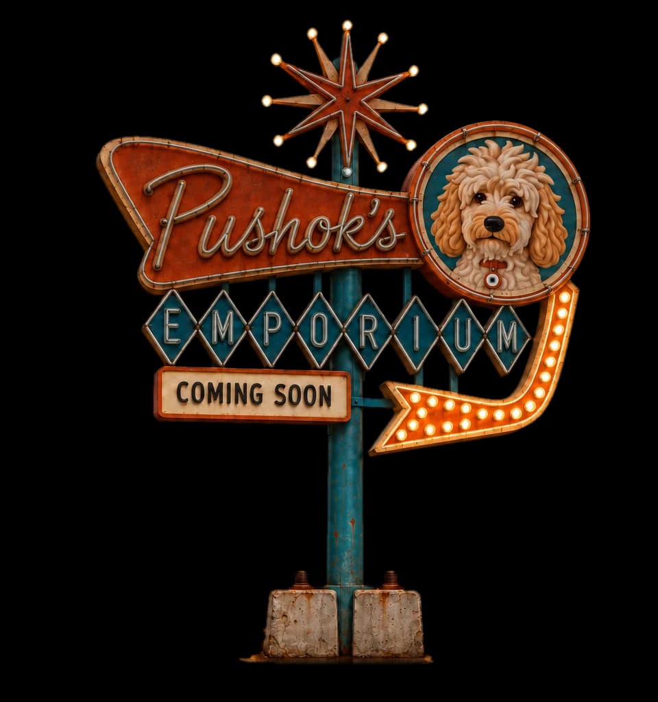 A 1950s roadside pole sign reading “Pushok's Emporium”, with Pushok's face in a round medallion, a starburst on top, an arrow of bulbs pointing down, and a plate that says “Coming soon”
